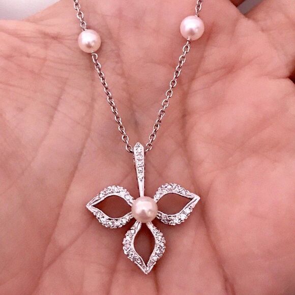 Diamond Akoya Pearl Necklace 14k Gold 5.75 mm 18.5" Certified $3,950 818062 - Picture 2 of 12